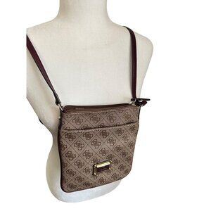 Guess Crossbody Bag With Monogram Logo Print Zip Closure & Adjustable Strap Tan